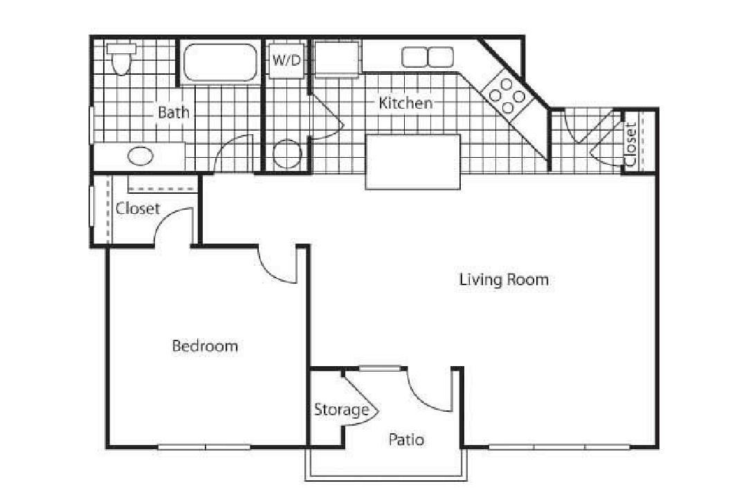 Floor plan for 1 bed, 1 bath, 712 sqft